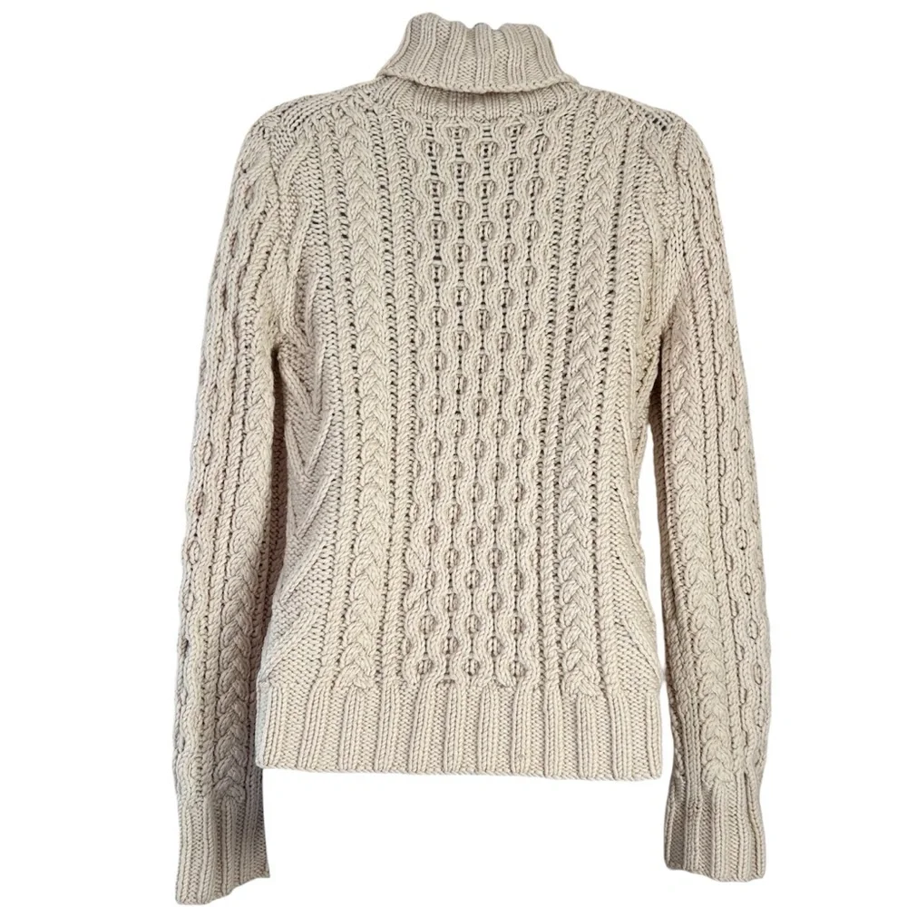 J. Crew Hand Knit Cream Cable Knit Wool Turtleneck Sweater Size S Fisherman